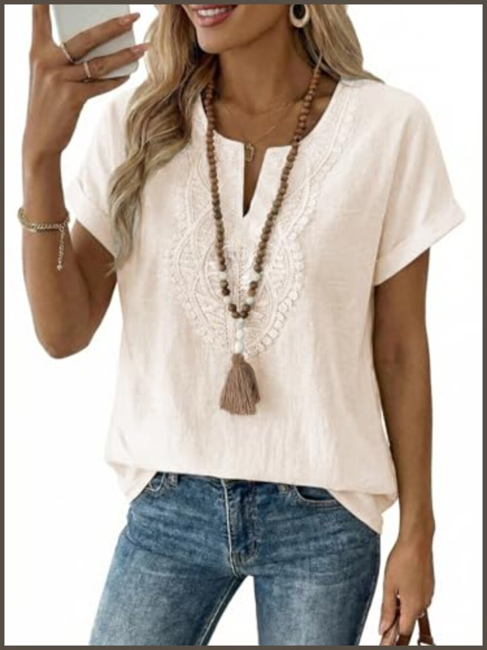Womens Boho Crochet Notched V-Neck Short Sleeve Loose Fit T-Shirt